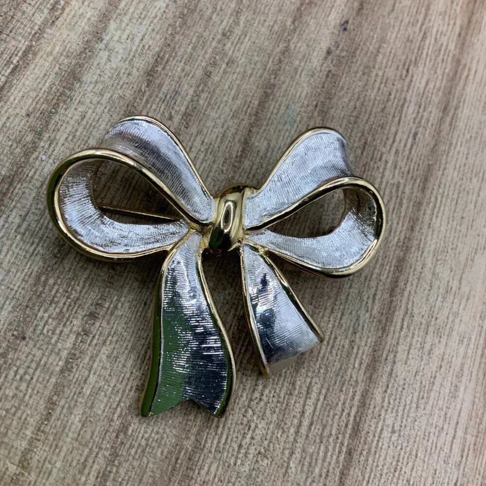 Napier Vintage Gold Silver Tone Ribbon Bow Brooch Pin